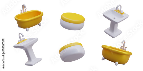 Concept of daily hygiene procedures. Sanitary ware and cosmetics. Set of vector bathroom accessories. Yellow bathtub with side faucet, washstand, jar with care product