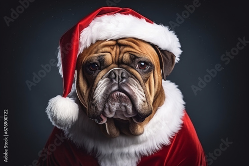 Holiday-themed wallpaper with a dog in Santa outfit and dramatic lighting. © NoOneSaid