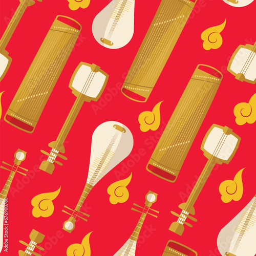 Vector seamless pattern with Japanese traditional music instruments, on red background with Asian style clouds