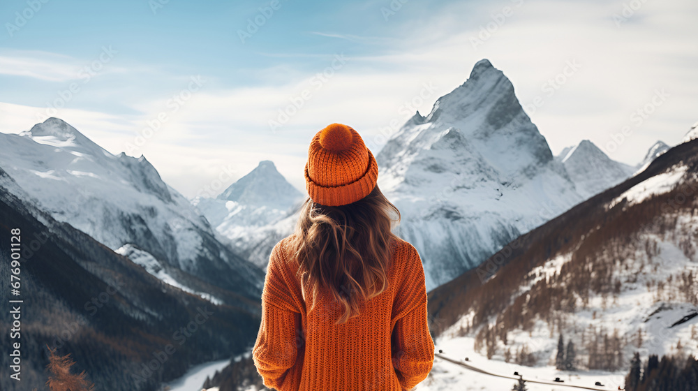 A woman in a hat and a knitted sweater looks at the winter snowy mountains