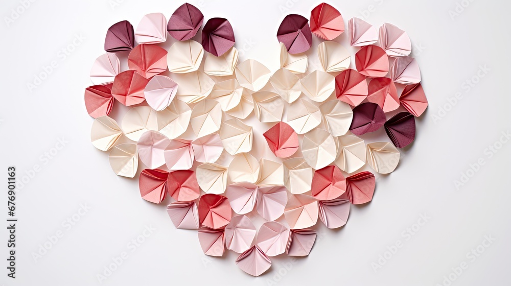 A symmetrical top view of folded origami hearts in various shades of red and pink. Happy Valentine's Day.  - obrazy, fototapety, plakaty 