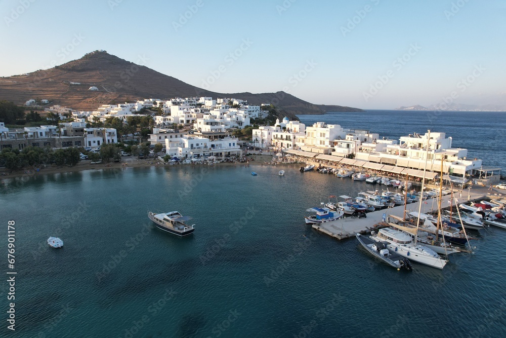 Aerial views from over the Greek town of Piso Livadi, on the island of Paros