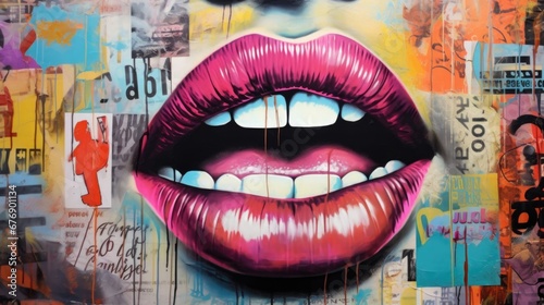 Urban expression through art: a lips against a vibrant graffiti and newspaper collage photo