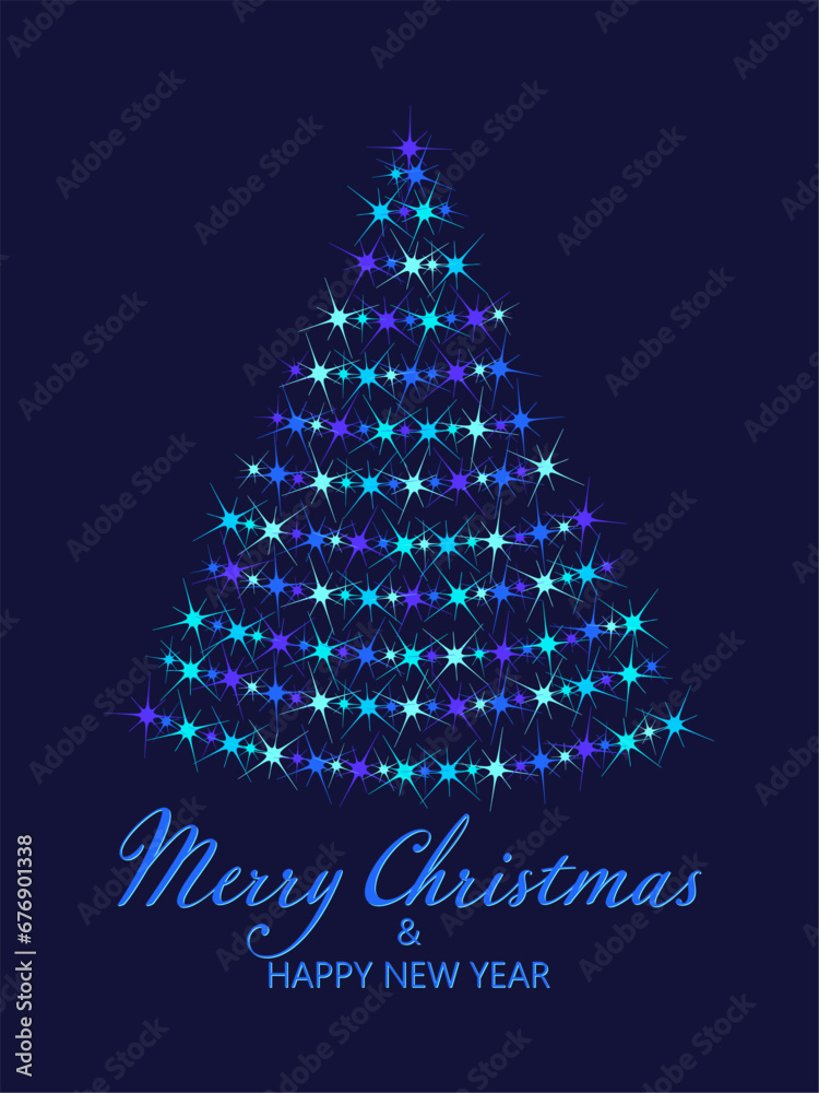Christmas tree. Merry Christmas and Happy New Year. Pattern of bright sparkling magical neon multi-colored particles, sparks and stars shining with special light on dark background. Christmas tree. Merry Christmas and Happy New Year. Pattern of bright sparkling magical neon multi-colored particles, sparks and stars shining with special light on dark background.