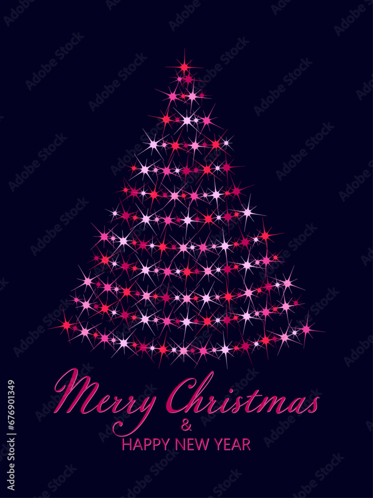 Christmas tree. Merry Christmas and Happy New Year. Pattern of bright sparkling magical neon multi-colored particles, sparks and stars shining with special light on dark background. 