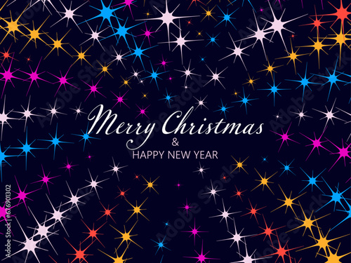 Colorful sparking firework. Merry Christmas and Happy New Year. Pattern of bright sparkling magical neon multi-colored particles, sparks and stars shining with special light on dark background. 