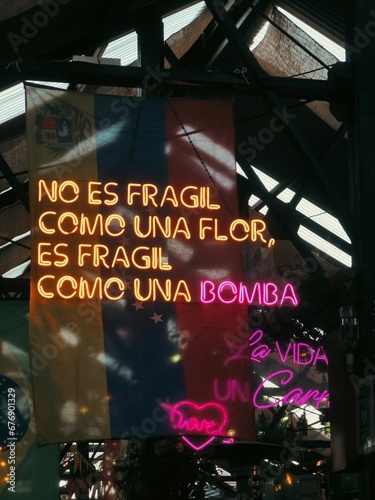 It's not fragile like a flower, it's fragile like a bomb sign in the food court in Buenos Aires.