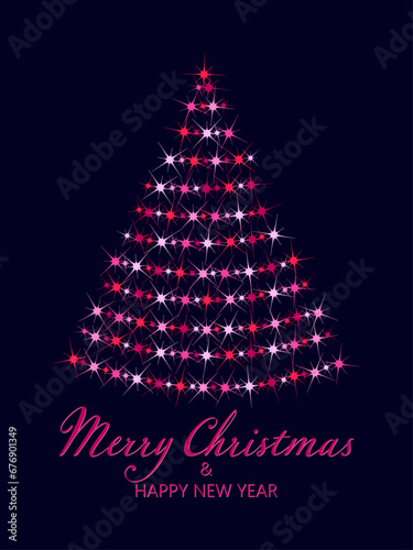 Christmas tree. Merry Christmas and Happy New Year. Pattern of bright sparkling magical neon multi-colored particles  sparks and stars shining with special light on dark background. 