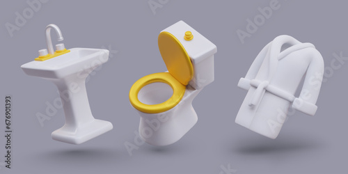 3D sink, toilet, white robe in cartoon style. Isolated vector objects in tilted position. Bath clothes and sanitary ware on gray background. Expensive goods, gold decor