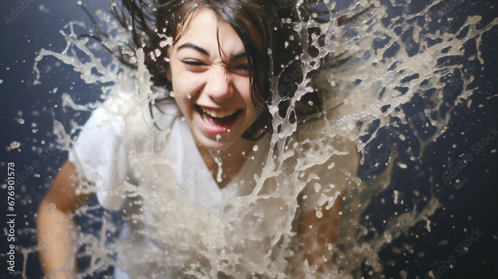 Obraz premium joyful woman in white shirt, playful water spray, energetic fun