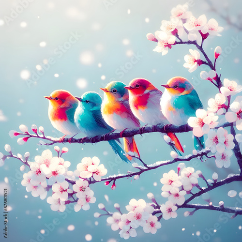 Beautiful and colorful little birds on a branch of cherry blossoms in the spring, illustration, generative ai © Nora