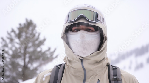caucasian man in snow. white jacket, winter masked adventure or everyday life