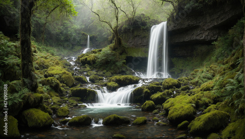 Magnificent and captivating waterfall surrounded by lush vegetation and mossy rocks - AI Generative
