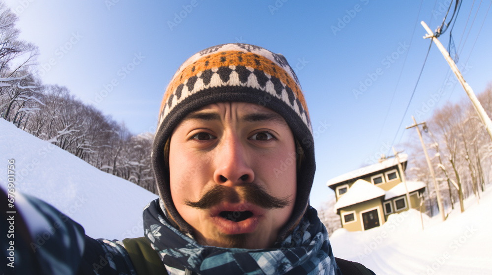 young man in snow, funny face, enjoying winter selfie scenery snowy landscape house background facial expression ethnicity age discernible having good time