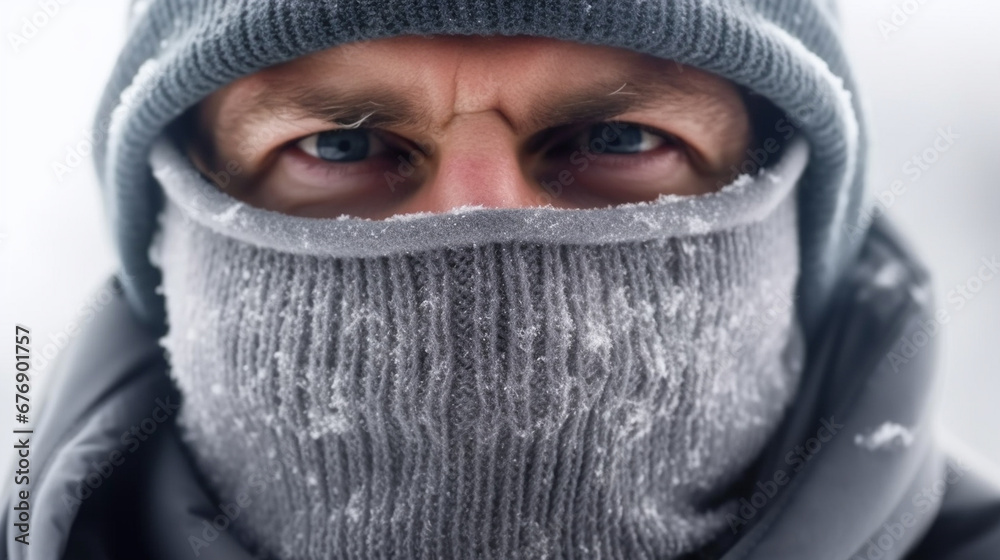 bad mood everyday life, winter clothes, mature caucasian man is annoyed or angry, cold winter temperatures, snow covered, fictional location