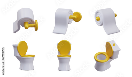 3d realistic model of handle toilet paper and ceramic toilet in different positions. Collection with different elements for bathroom. Vector illustration in 3d style