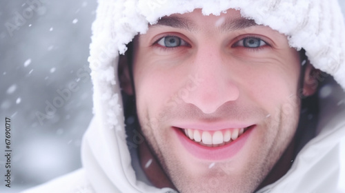 smiling man in snow. white ...