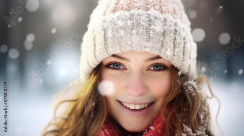 festive snow moment. smiling woman in red scarf, white hat