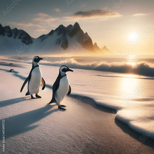 Two penguins on the beach at sunrise  beautiful polar wildlife  arctic landscape nature  generative ai