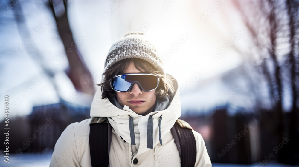 sunny snow hike. white-coated man, embracing winter outdoors sunny snow hike. white-coated man, embracing winter outdoors