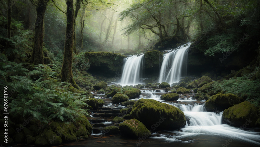 Magnificent and captivating waterfall surrounded by lush vegetation and mossy rocks - AI Generative Magnificent and captivating waterfall surrounded by lush vegetation and mossy rocks - AI Generative