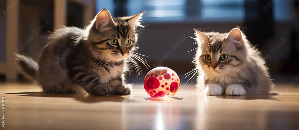 two kittens playing with balls