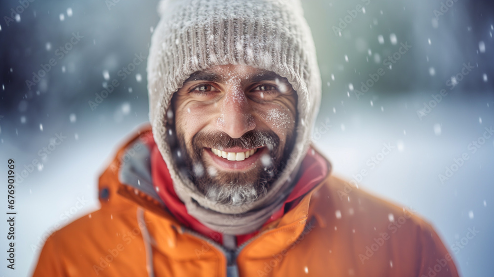 Fototapeta premium cheerful man in snowstorm. red jacket, winter joy