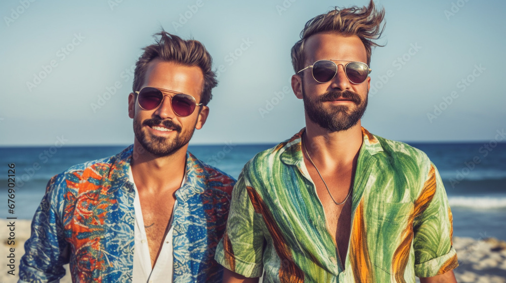 two young men of hispanic descent standing on a beach, wearing sunglasses and colorful shirts, creating a vibrant and lively atmosphere, smiling and posing two young men of hispanic descent standing on a beach, wearing sunglasses and colorful shirts, creating a vibrant and lively atmosphere, smiling and posing