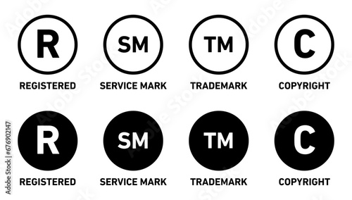 Copyright Icon Registered Icon Trademark icon Service mask Icon. Cm, r, sm, c, tm registration symbol set. Intellectual property right protected by business copyright or trademark registration vector  photo