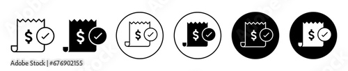 Bill Paid Icon. online sale or purchase bill receipt or refund transaction paid successfully symbol set. electricity or power bill paid statement vector line logo. transaction success check sign