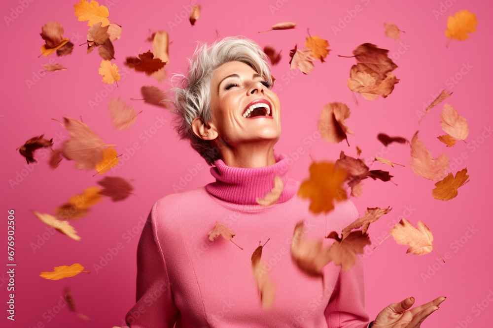 Graceful Older Woman Embraced by Falling Autumn Leaves, AI generated