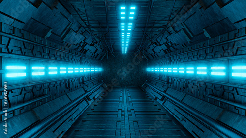 Sci-Fi realistic luminous corridor from the spaceship interior. Cyberpunk Futuristic tunnel with grunge metal walls photo