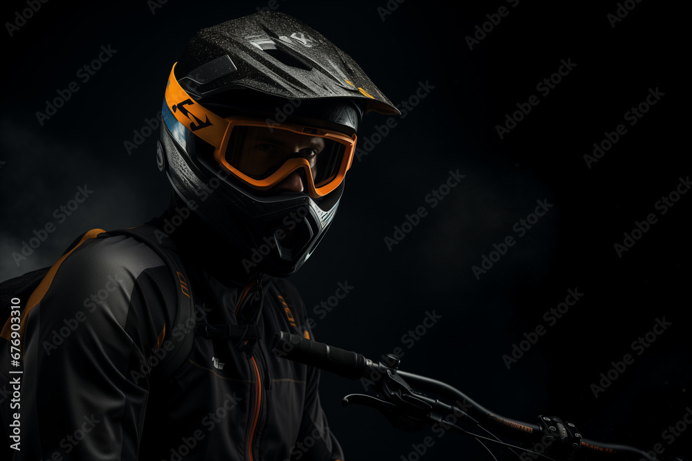 A biker posing with his helmet and goggles in a dark room.