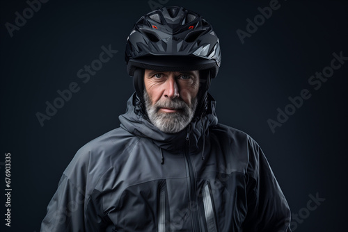  An older man wearing a bike helmet, in the style of intense portraits.