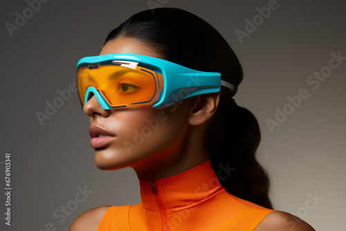 A woman in an orange top and futuristic designer blue goggles. © Positive Click