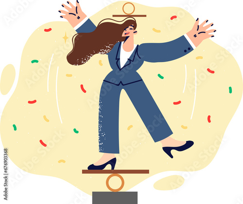 Foto Business woman balances and demonstrates acrobatic circus tricks as metaphor for