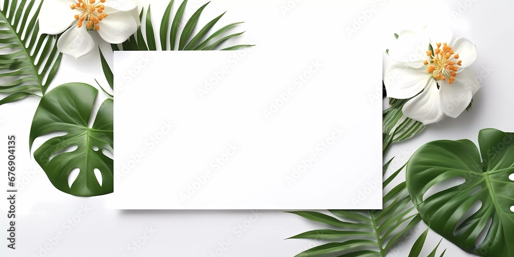 Frame mockup with Chamomile flowers on a white background. Banner or gift card with flowering frame Frame mockup with Chamomile flowers on a white background. Banner or gift card with flowering frame