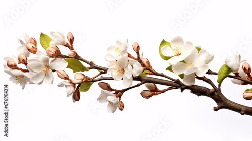 A beech twig with blossoms is presented in a plain white backdrop.
