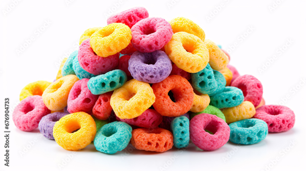 A stockpile of vivid cereal donuts, isolated on a white surface.