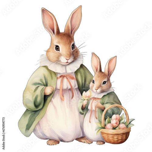 Cute easter bunny with basket of eggs  isolated on transparent background