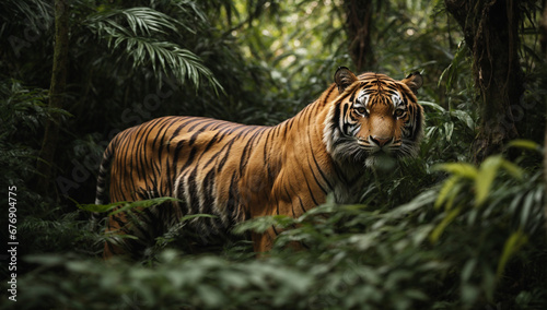 Majestic tiger camouflaged in the jungle foliage - AI Generative