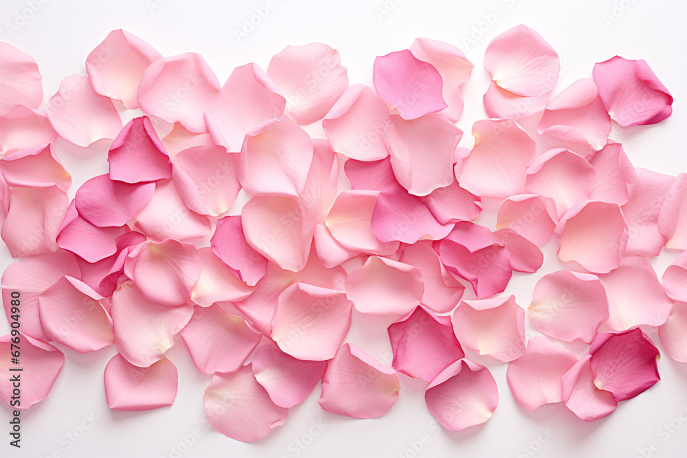 Dried rose petals, of a pink hue, rested on a pallid surface.