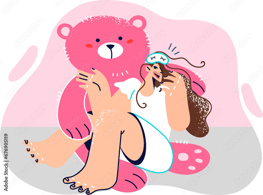 Woman lies on lap of huge teddy bear and laughs rejoicing at cute gift from father or boyfriend - obrazy, fototapety, plakaty 