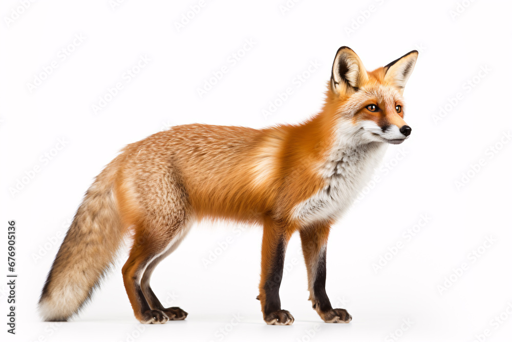 Obraz premium A lonesome Red fox in profile against a plain backdrop is captured in an image.