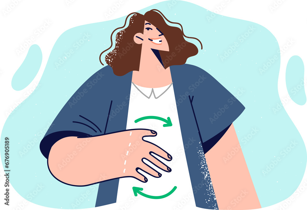 Symbol digestive system on stomach woman rejoicing at good microbiota that affects digestibility Symbol digestive system on stomach woman rejoicing at good microbiota that affects digestibility