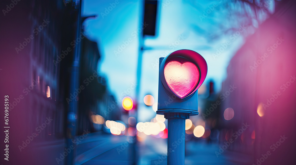 Heart-shaped traffic light on a city street, evening, pink light