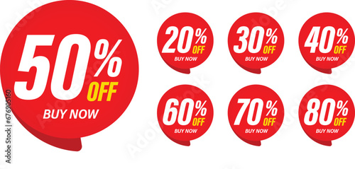 Different percent discount sticker discount price tag set. Red round speech bubble shape promote buy now with sell off up to 20, 30, 40, 50, 60, 70, 80 percent vector illustration isolated on white