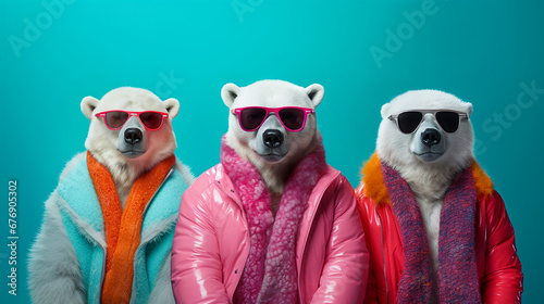 Group of three anthropomorphic polar bears with sunglasses and colorful winter clothing isolated on light blue background photo
