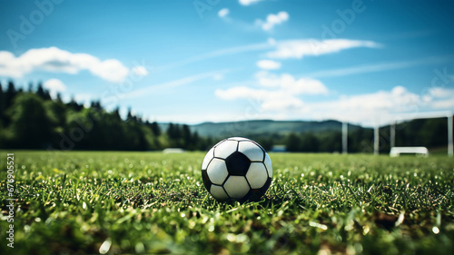 Close-up of a soccer ball in the green grass, a cloudy sky can be seen in the background, no people photo