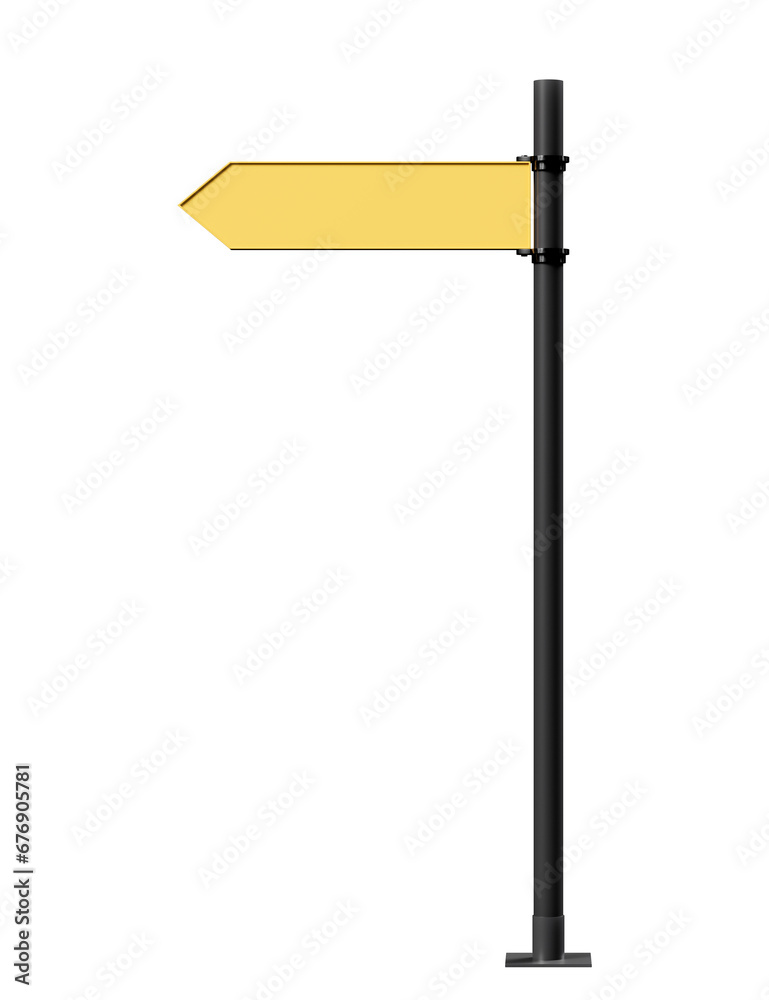 Yellow street sign or direction sign isolated on white background. Template or mockup. 3d render Yellow street sign or direction sign isolated on white background. Template or mockup. 3d render